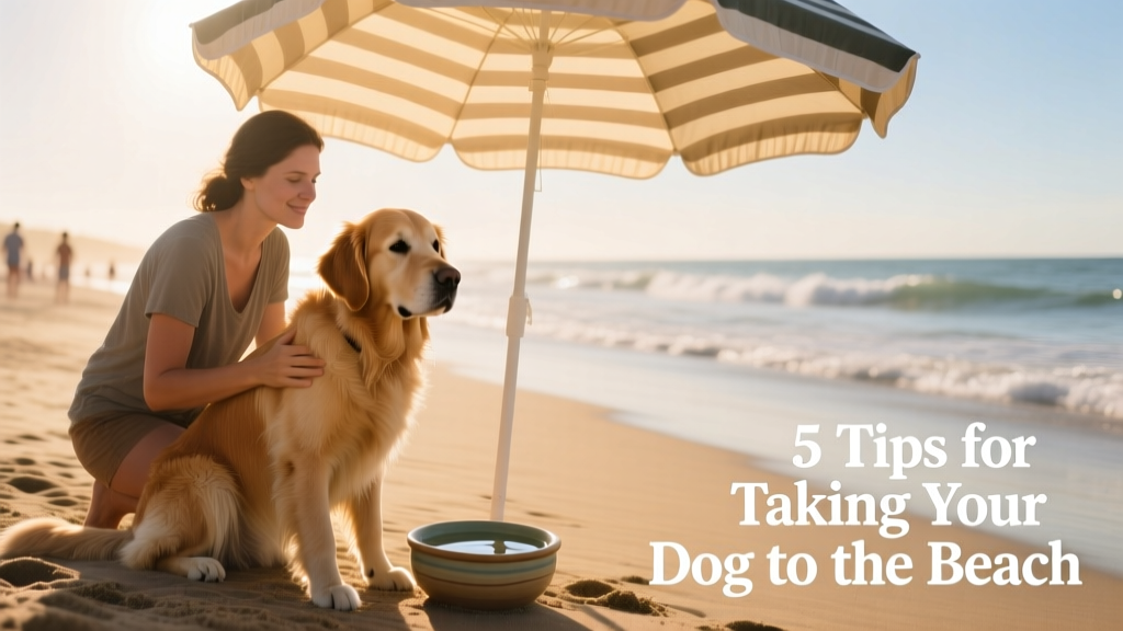Dog owner kneeling beside their calm, hydrated dog under a beach umbrella with water bowl nearby