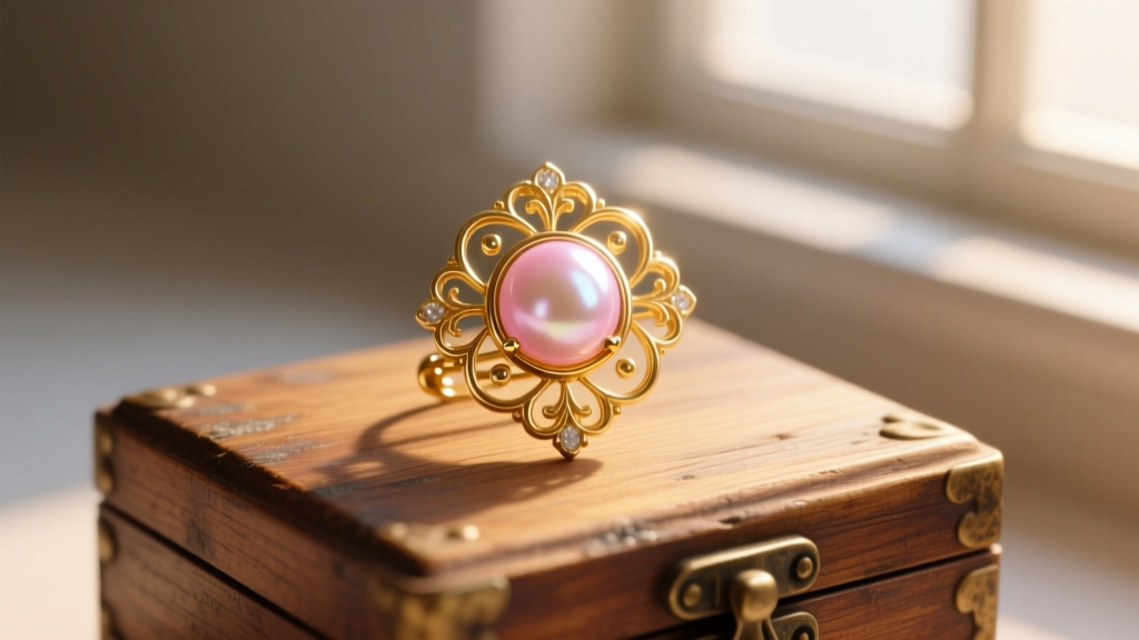 Gold brooch featuring a blush-pink Mississippi pearl, resting on an antique wooden box in warm, natural afternoon sunlight.