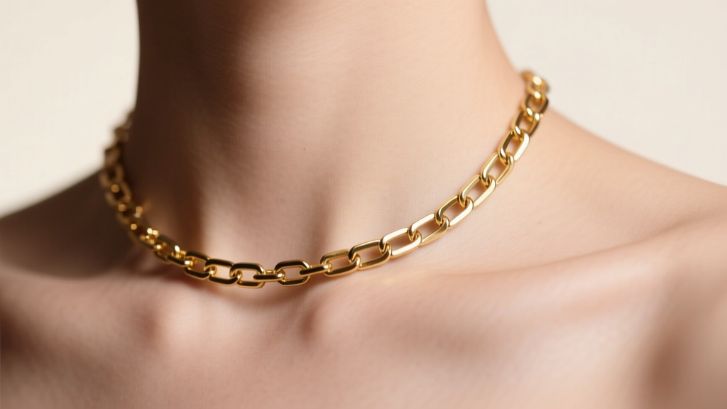 Macro photography of a delicate 0.8mm 14k gold box chain resting on a collarbone, soft studio lighting highlighting link geometry.