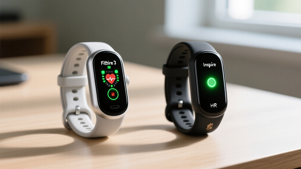 Side-by-side macro shot of the Fitbit Inspire 3 optical heart rate sensor array and the older Inspire HR green LED sensor on a wooden desk