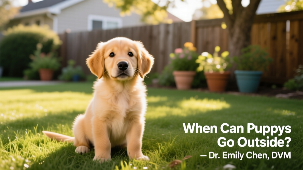 A joyful golden retriever puppy sitting on grass, looking curiously at the camera