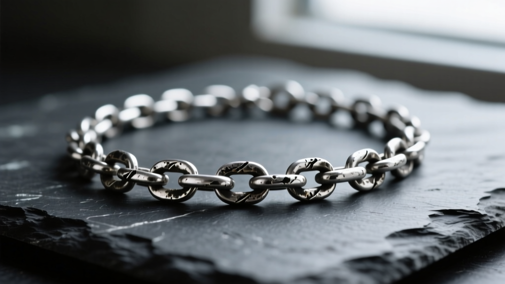 Macro shot of a heavily tarnished 925 sterling silver chain necklace on dark slate, highlighting the dark silver sulfide contrast.