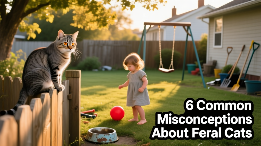 A feral cat calmly observing from a distance while a child plays nearby in a backyard