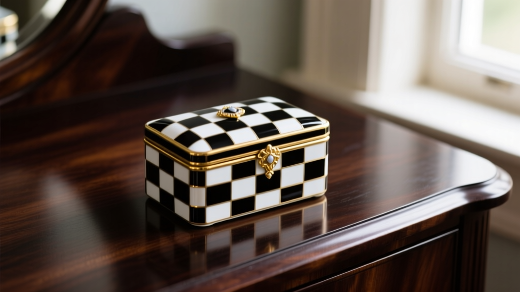 Close-up of a hand-painted black and white Courtly Check enamel jewelry box with gold rims, resting on a dark mahogany vanity table.