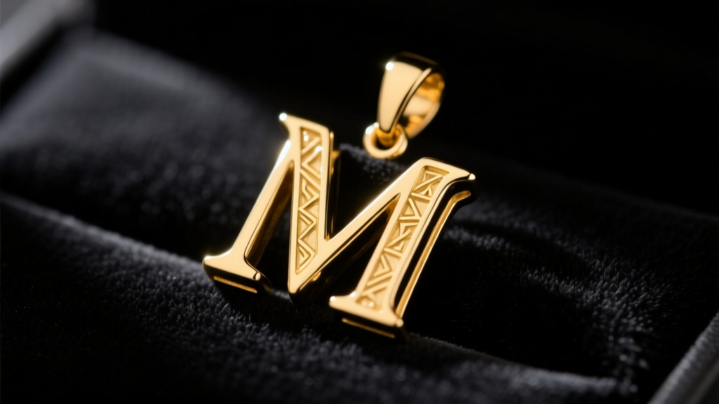 Close-up of a solid 14k yellow gold letter M pendant resting on dark velvet, illuminated by soft directional studio lighting.
