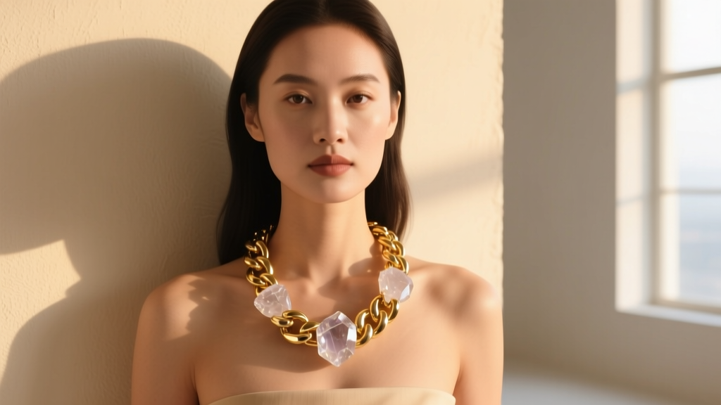 Woman wearing a heavy clear chunky quartz necklace on a thick gold chain, bathed in warm sunlight against a soft beige wall