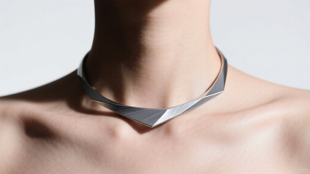 Brushed titanium spike necklace resting on a collarbone, showing lightweight grey metal against bare skin in soft studio light.