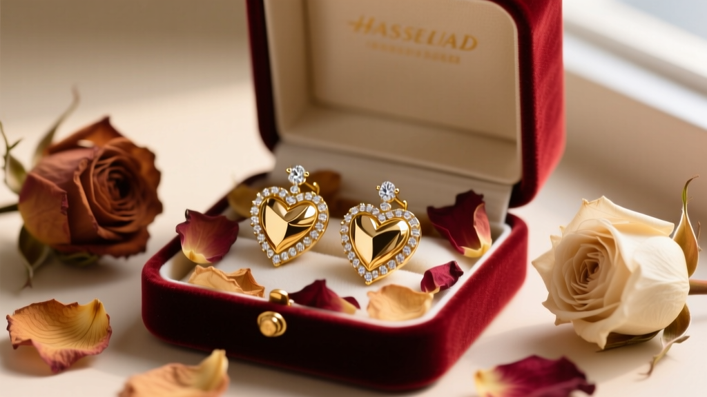 Open velvet box revealing diamond-accented raw gold nugget heart earrings, styled with dried roses as a romantic anniversary gift.