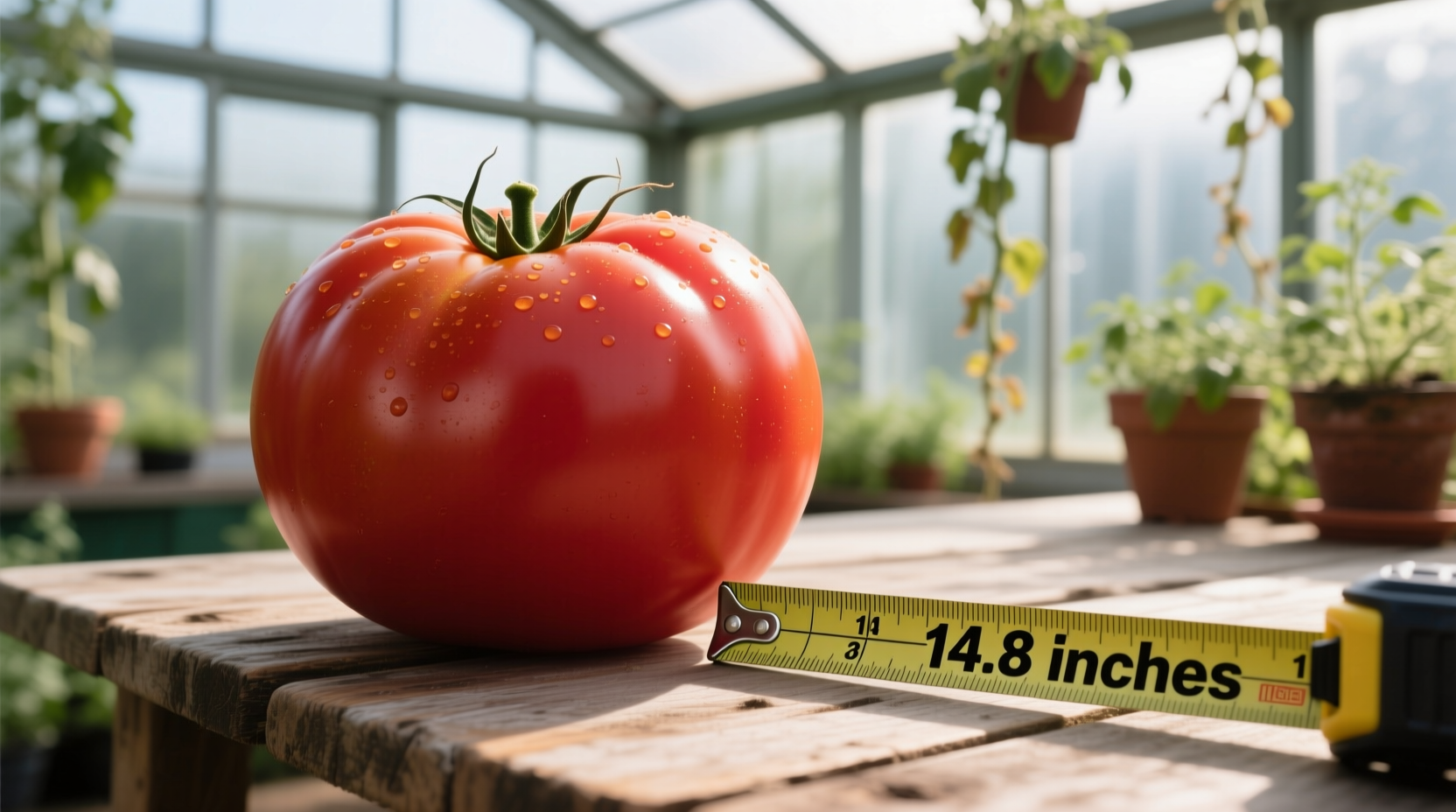 World record tomato next to measuring tape showing 14.8 inches