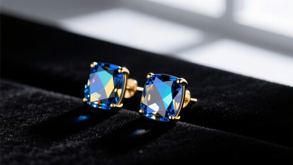 Macro shot of blue and gold dichroic glass stud earrings on dark velvet, highlighting the iridescent metallic sheen.
