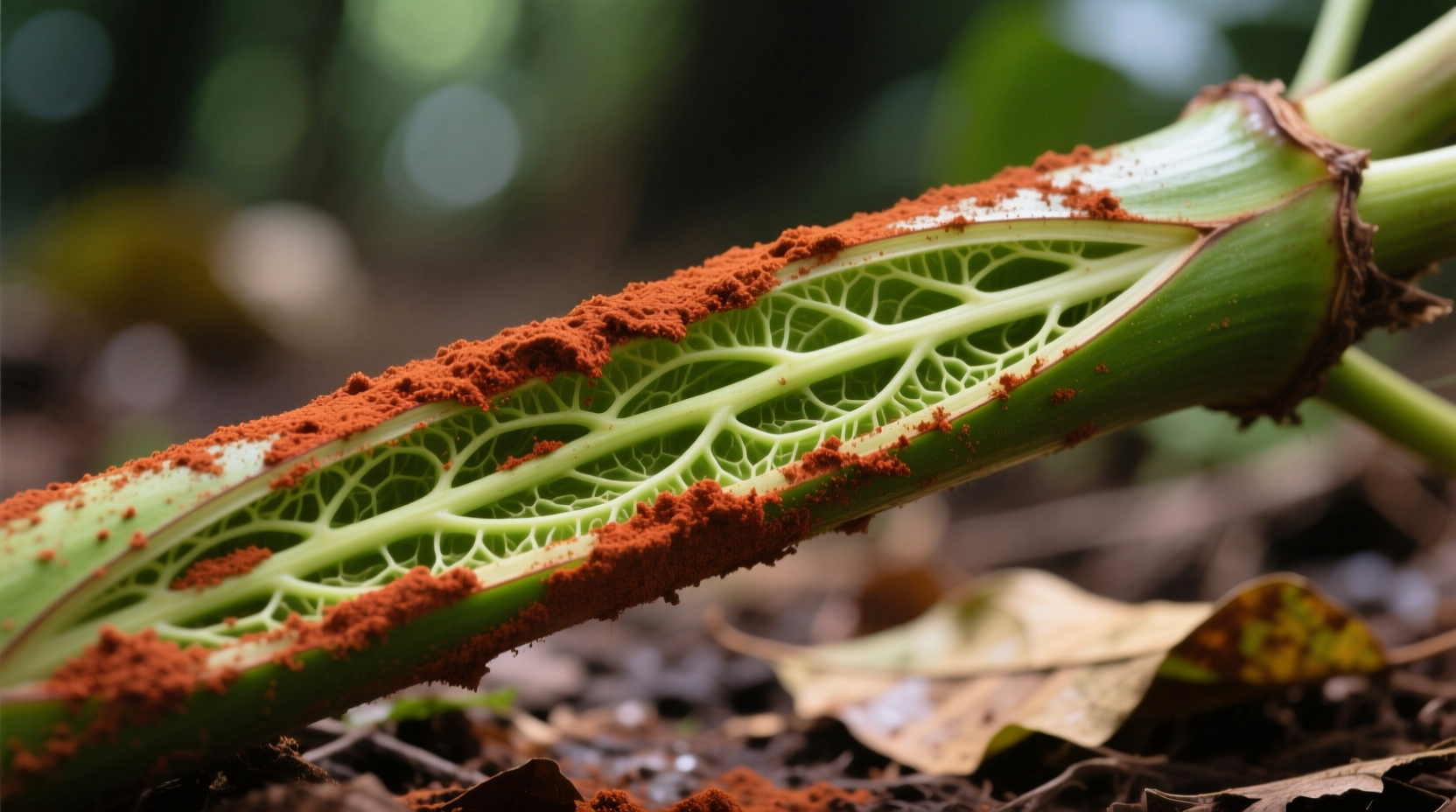 Close-up macro photo of a freshly cut Monstera deliciosa stem dusted evenly with fine, reddish-brown cinnamon powder, showing clear delineation between green tissue and dry, matte coating—no clumps or shine.