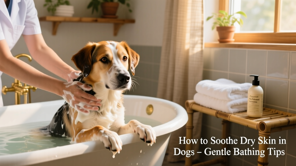A dog calmly receiving a gentle, moisturizing bath using a soothing oatmeal shampoo, with soft towels nearby