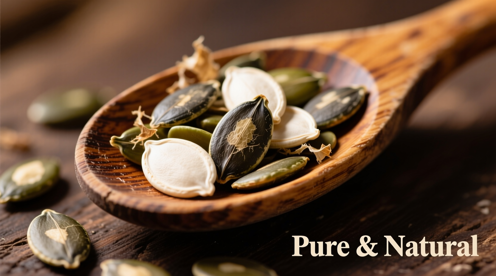 Close-up of raw pumpkin seeds on wooden spoon