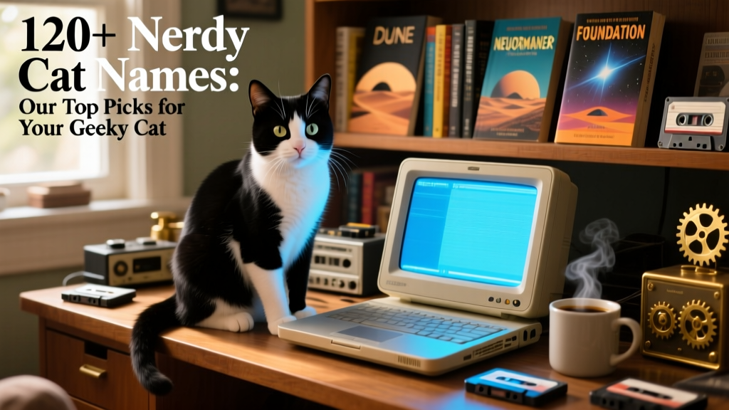 A curious tuxedo cat sitting beside a vintage laptop with sci-fi book spines visible on a shelf