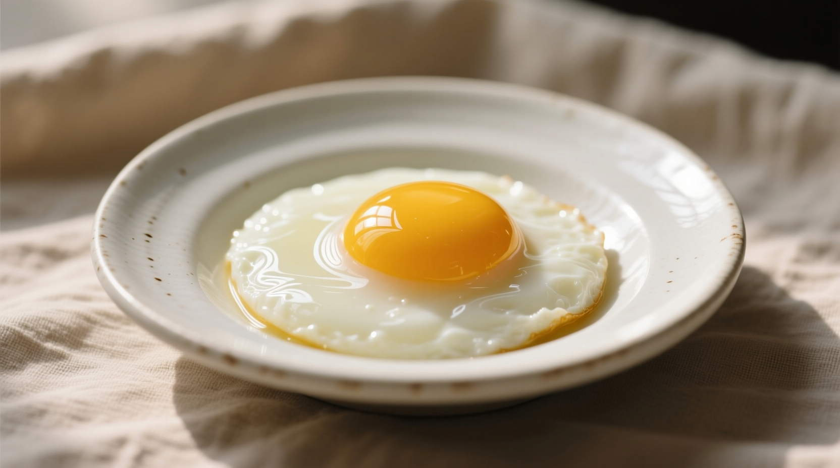 Perfect poached egg with runny yolk in white ceramic dish