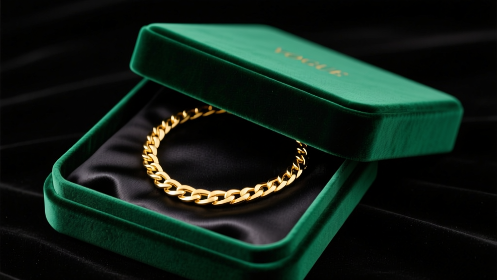 Elegant velvet gift box revealing a gleaming 14k yellow gold Figaro necklace chain on black satin under soft studio lighting.