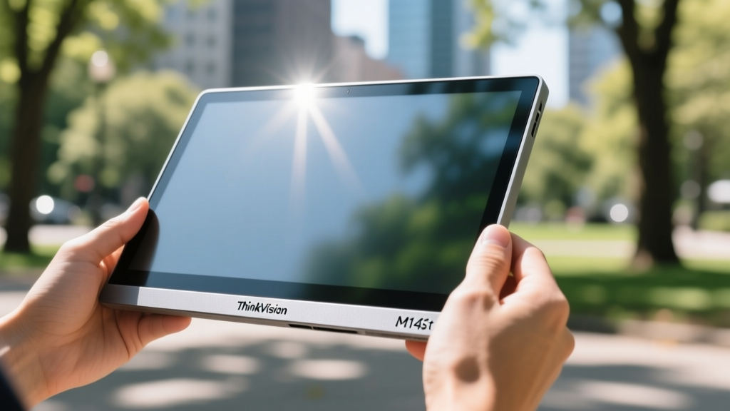 Hands holding the Lenovo ThinkVision M14t portable monitor outdoors, demonstrating the anti-glare matte screen under direct midday sunlight