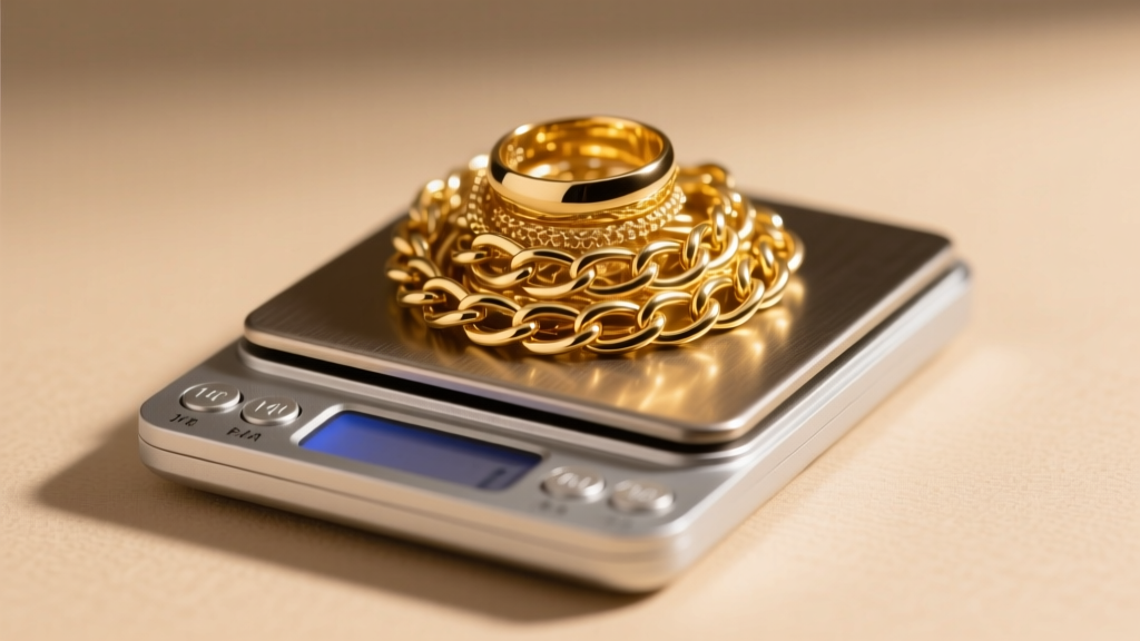 Close-up of a digital jewelry scale weighing a tangled pile of 14k yellow gold chains and rings under bright warm lighting.