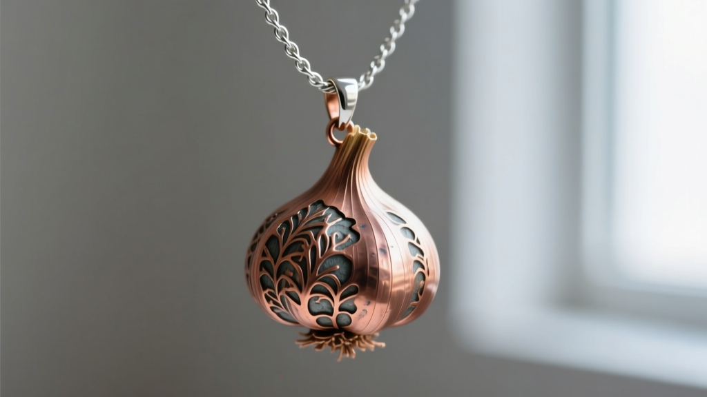Macro shot of a copper electroformed garlic pendant with a textured crust hanging from a 16-gauge sterling silver cable chain.