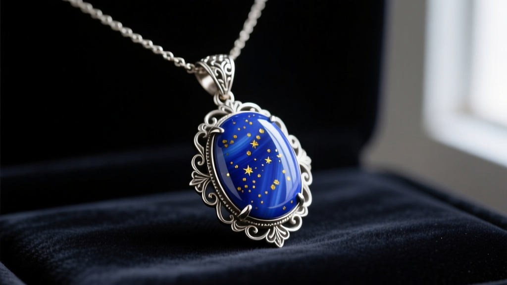 Vintage lapis lazuli pendant necklace on dark velvet, showing deep blue stone with gold pyrite flecks and ornate silver.