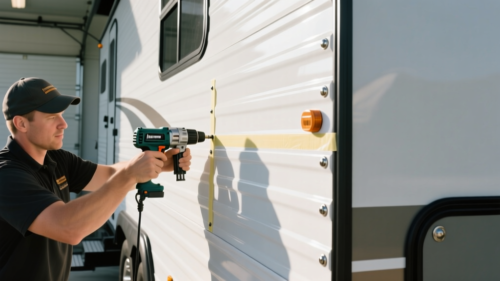Technician installing smooth white fiberglass Filon RV siding panels on a travel trailer exterior with butyl tape and rivets