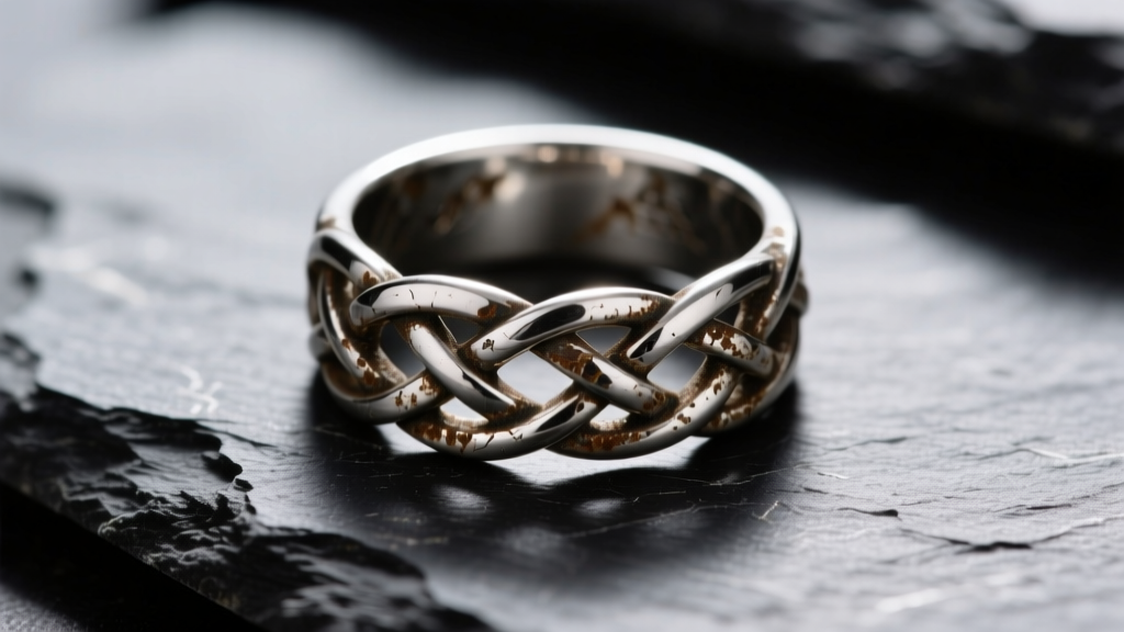 Close-up of oxidized sterling silver Celtic Trinity knot ring on dark slate, highlighting intricate crevices and dark patina.