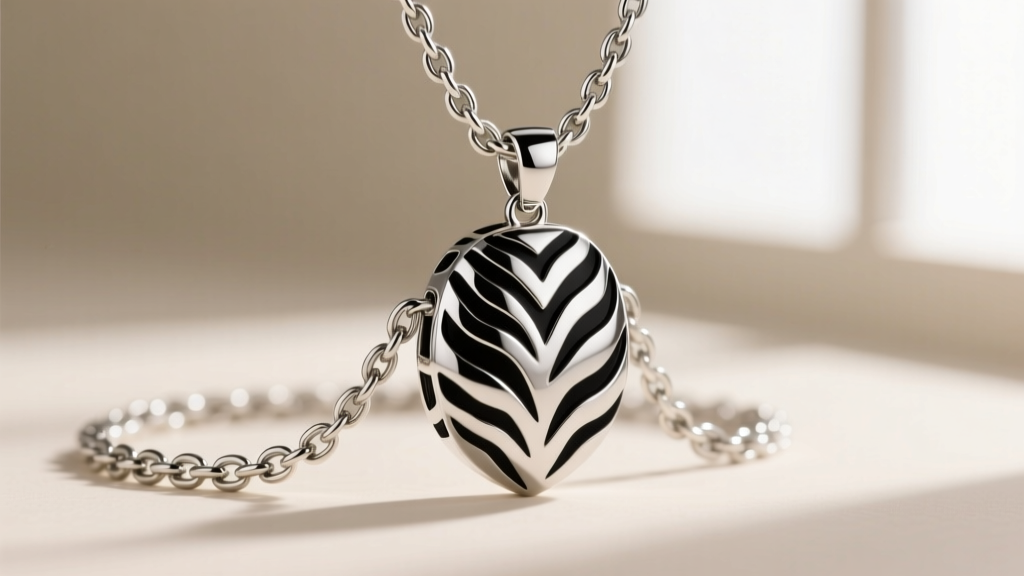Macro shot of a 925 sterling silver tiger stripe pendant with black rhodium plating on a heavy curb chain against soft lighting