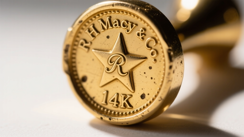 Macro photograph of a worn 14k gold jewelry hallmark stamp showing the iconic R H Macy and Co star logo and the metal purity mark.