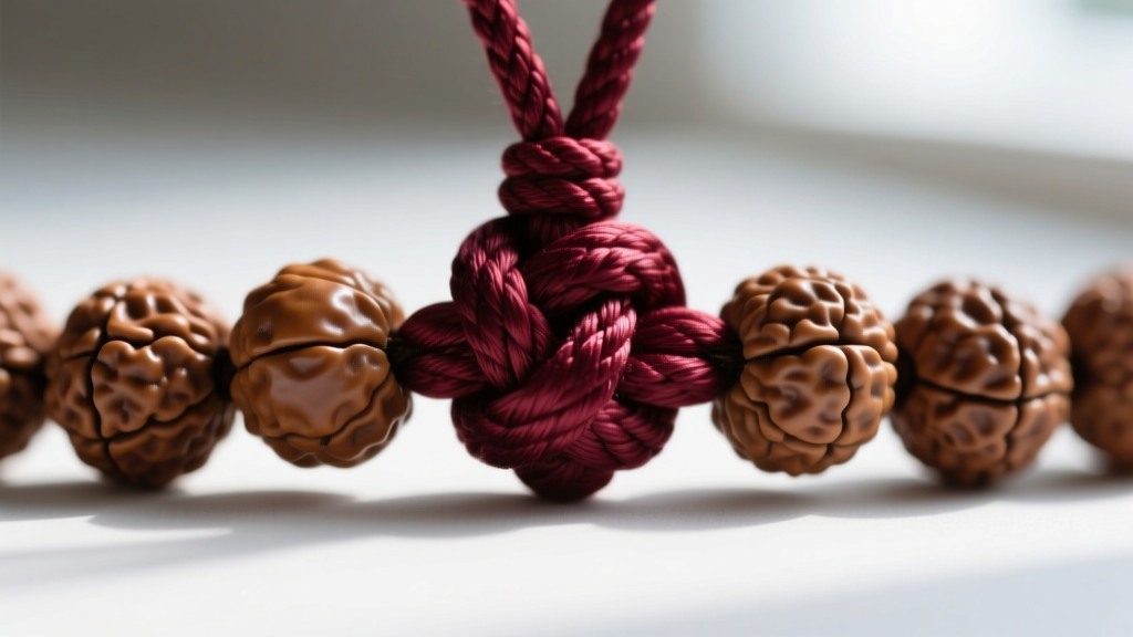 Close-up macro shot of hand-knotted burgundy silk cord between natural 8mm rudraksha seeds showing precise traditional knot space