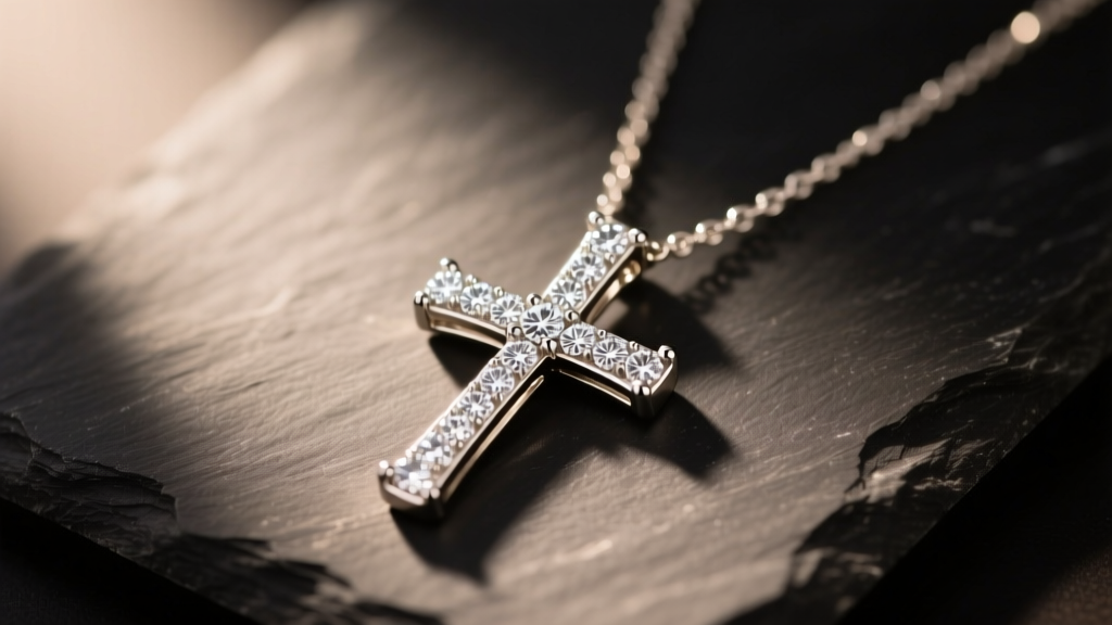 Women's white gold cross necklace with pavé diamonds resting on dark slate, illuminated by soft, warm directional studio lighting.