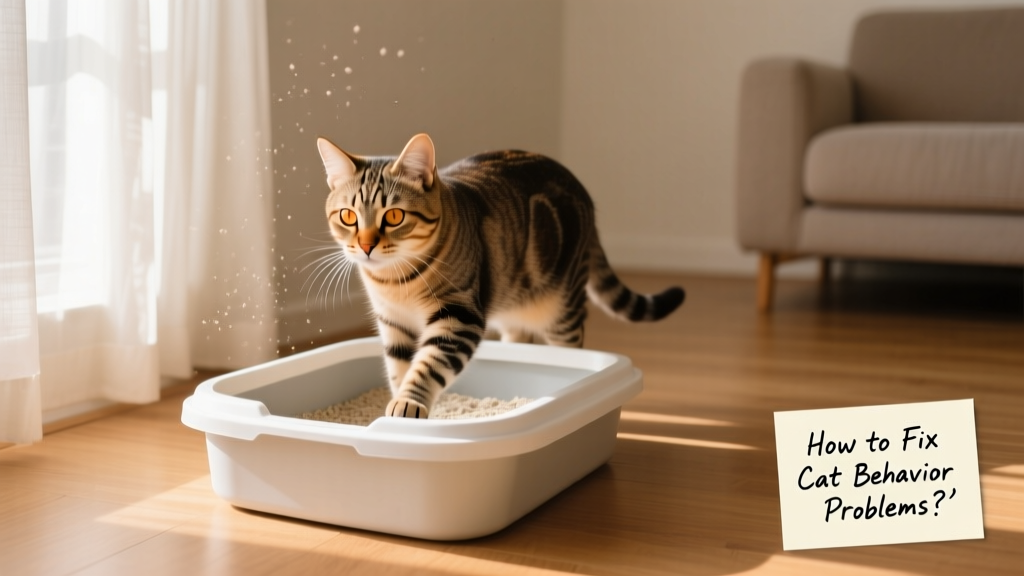 A calm cat using a clean, uncovered litter box in a quiet corner of a sunlit room