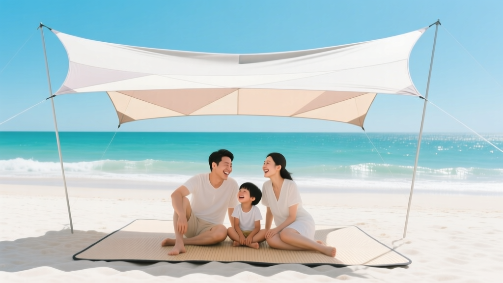 Vibrant coastal scene with family relaxing under wind-resistant canopy on sand-free mat, bright sunny day, ocean in background.