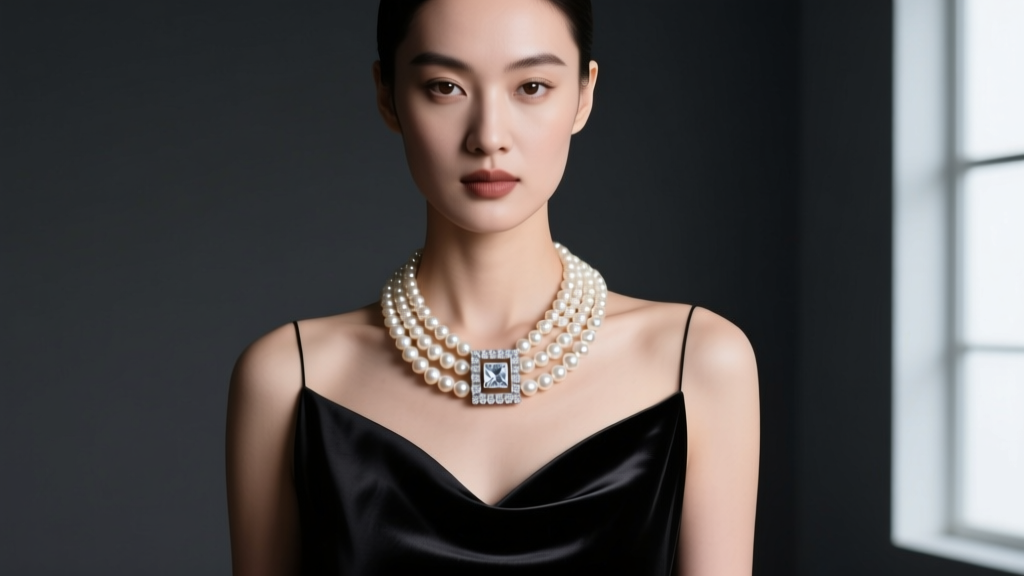 Model wearing a multi-strand pearl box clasp necklace with a diamond-encrusted square closure against a dark silk evening gown.