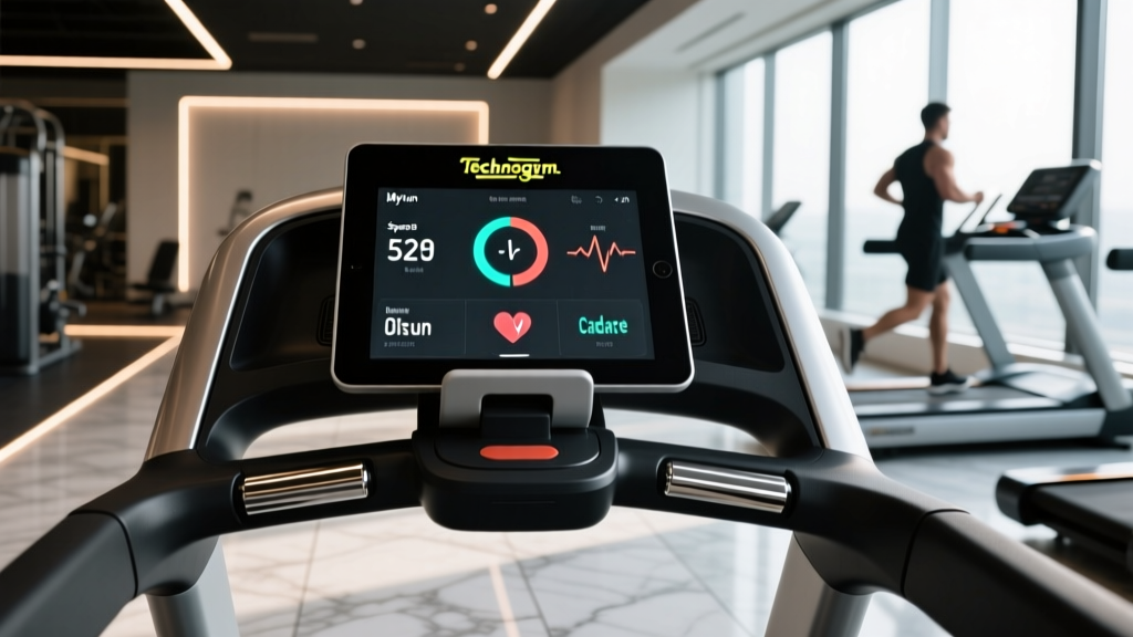 Close-up of the Technogym Myrun console displaying real-time running metrics and integrated tablet holder in a luxury gym