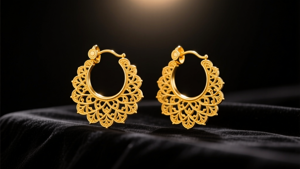 22k yellow gold Indian jhumka earrings on dark velvet, highlighting delicate filigree work under soft, warm studio lighting.