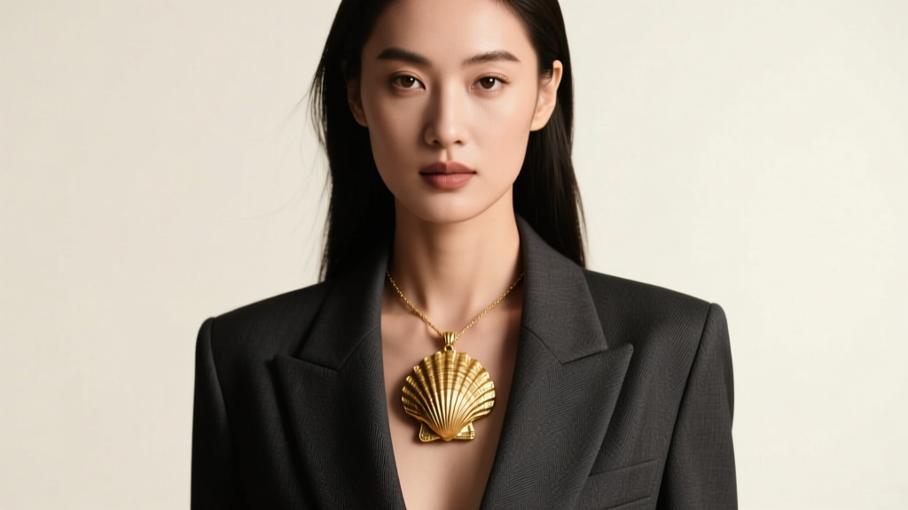 Woman in dark blazer with a large textured gold shell pendant resting elegantly on her collarbone in soft diffused studio light.