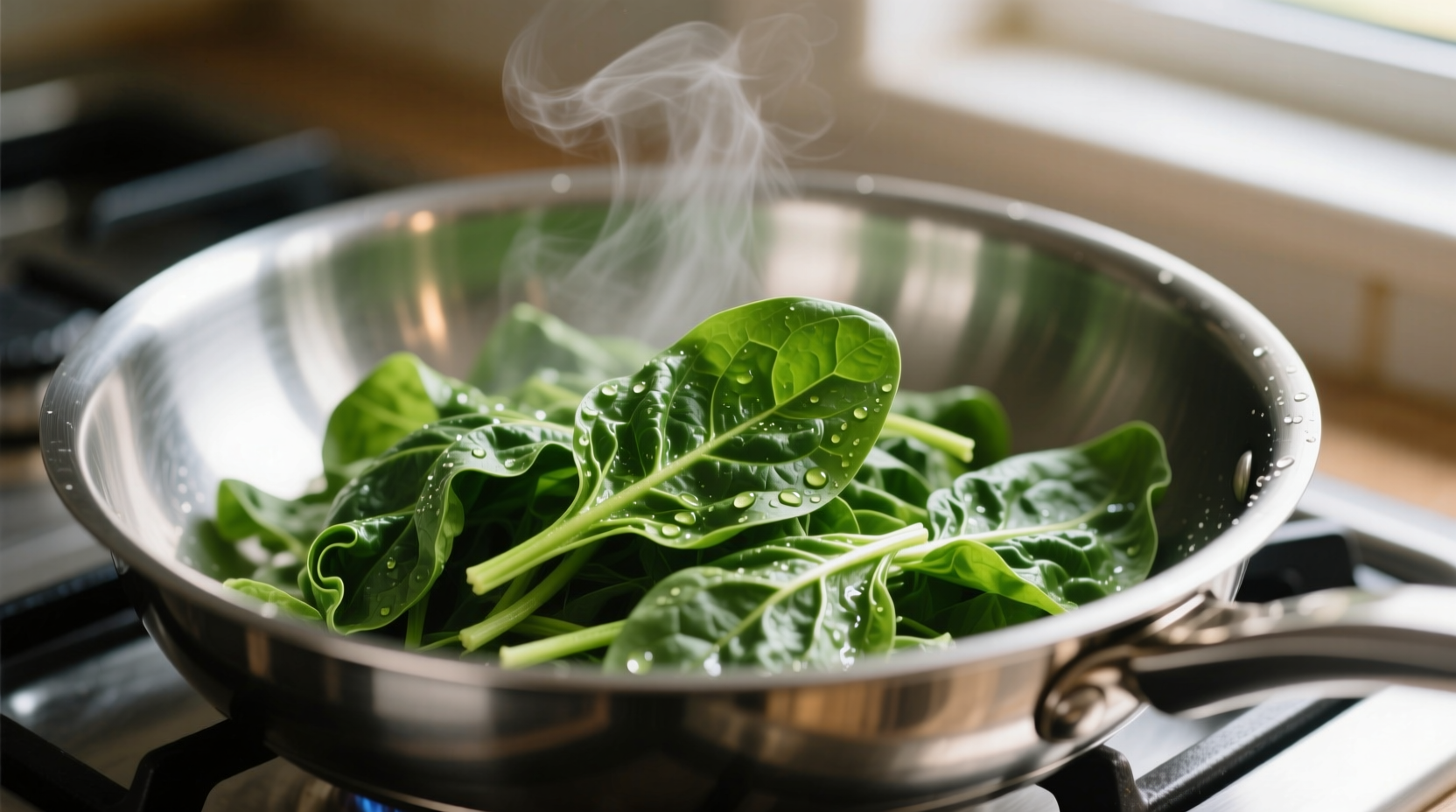 Fresh spinach wilting in a stainless steel pan