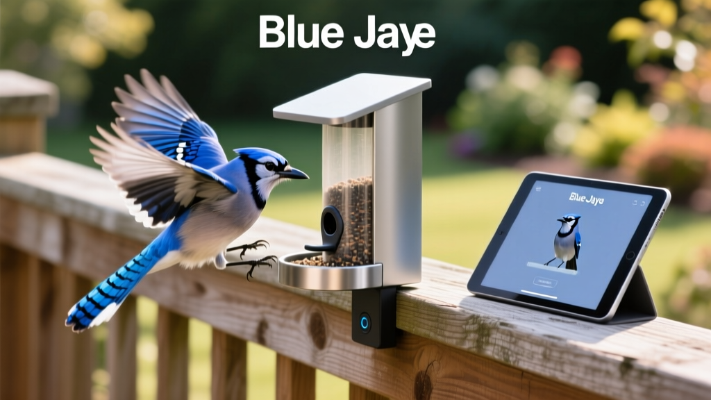 A smart bird feeder mounted on a wooden deck railing capturing a vibrant blue jay while a nearby tablet displays the birds identified name.