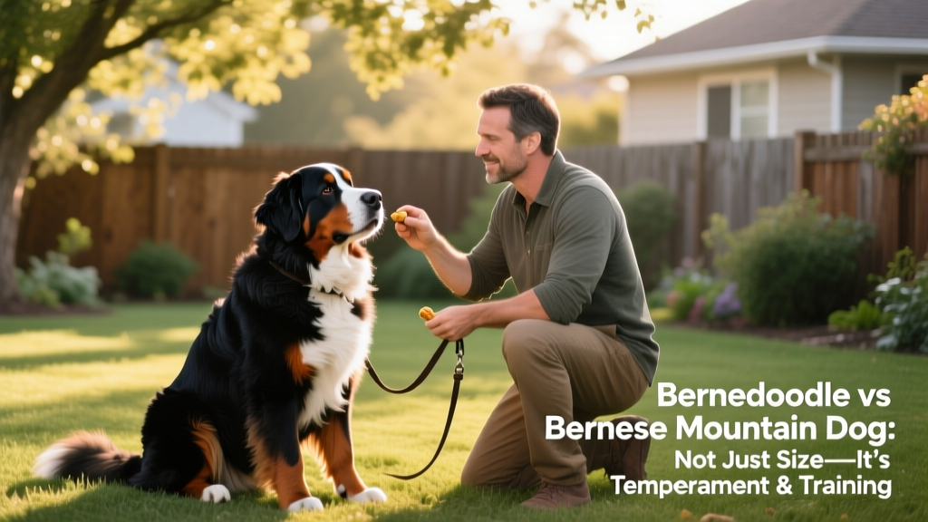 A Bernese Mountain Dog sitting attentively beside its owner during a training session in a backyard
