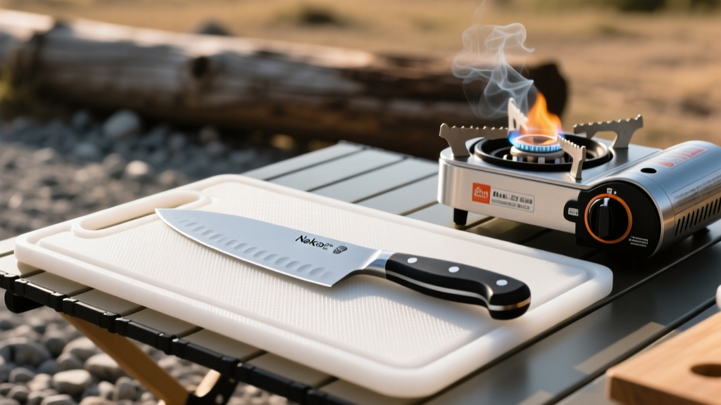 Tailgating prep station featuring a high-density polyethylene cutting board, a Nakiri cleaver, and a portable butane stove