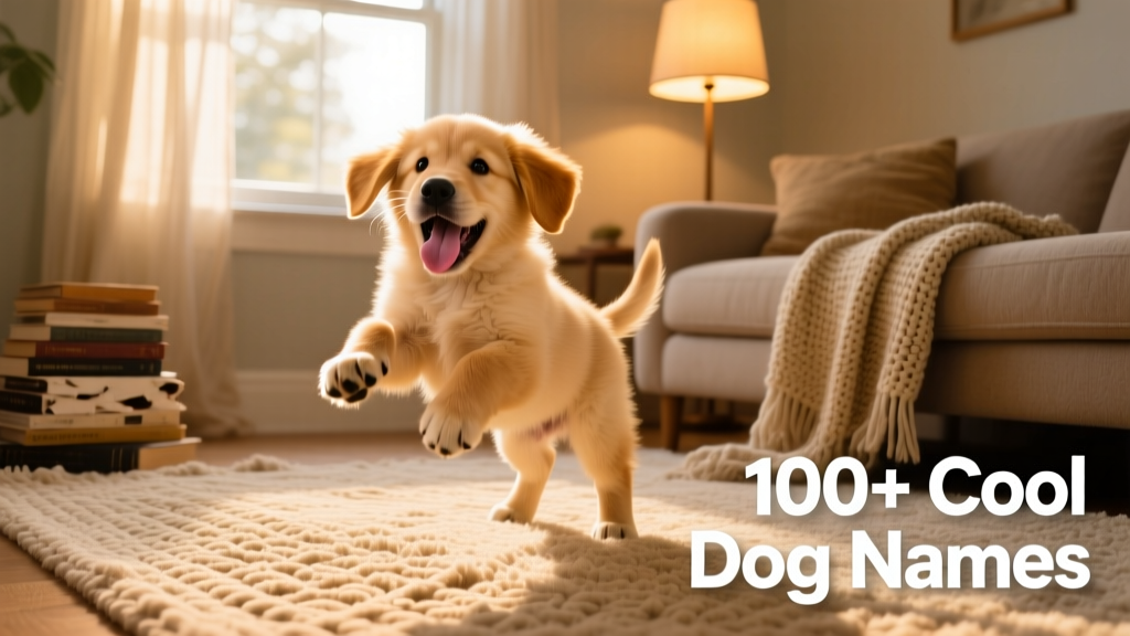 A fluffy golden puppy mid-play, paws in the air, tongue out, on a cozy living room rug