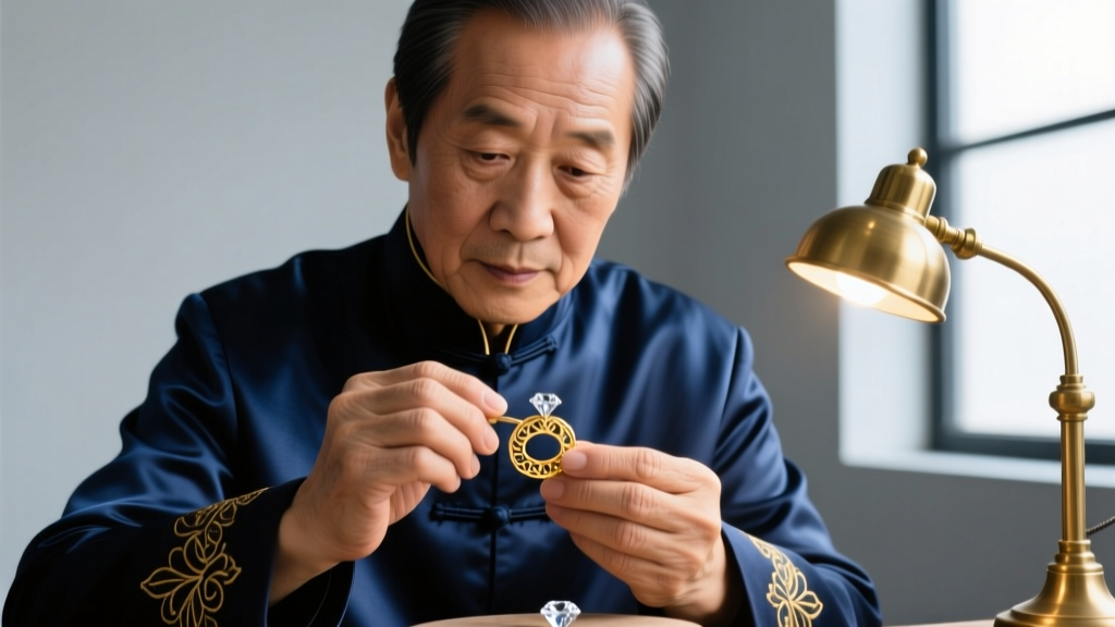 Close-up of a jeweler's hands in Madrid examining 18-karat gold dormilona stud earrings with a loupe against a dark velvet pad