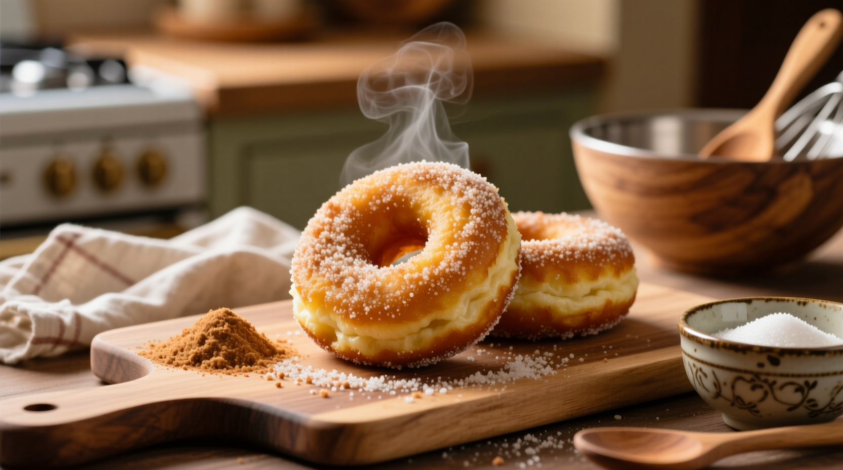 Homemade potato doughnuts with cinnamon sugar coating