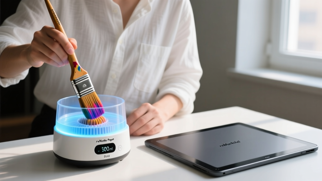 Artist lowering a paint-stained kolinsky sable brush into a glowing 300ml ultrasonic gadget for washing brushes next to a reMarkable Paper Pro