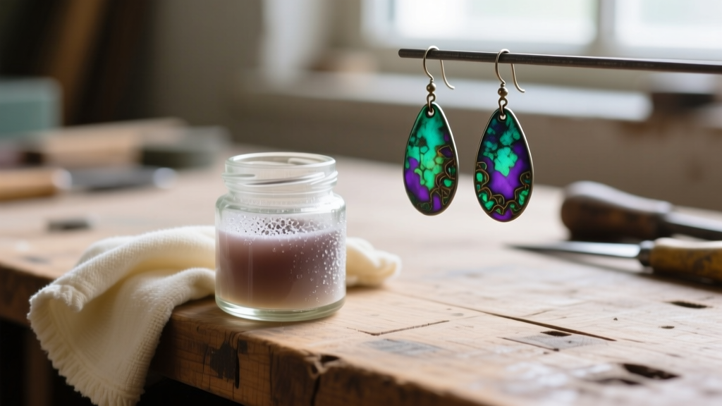 Small glass jar of liver of sulfur gel beside a polishing cloth and heavily patinated drop earrings on a rustic wooden workbench.