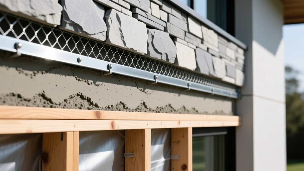 Cross-section of thin stone veneer panels over metal lath, mortar scratch coat, and weather barrier on exterior wood framing.