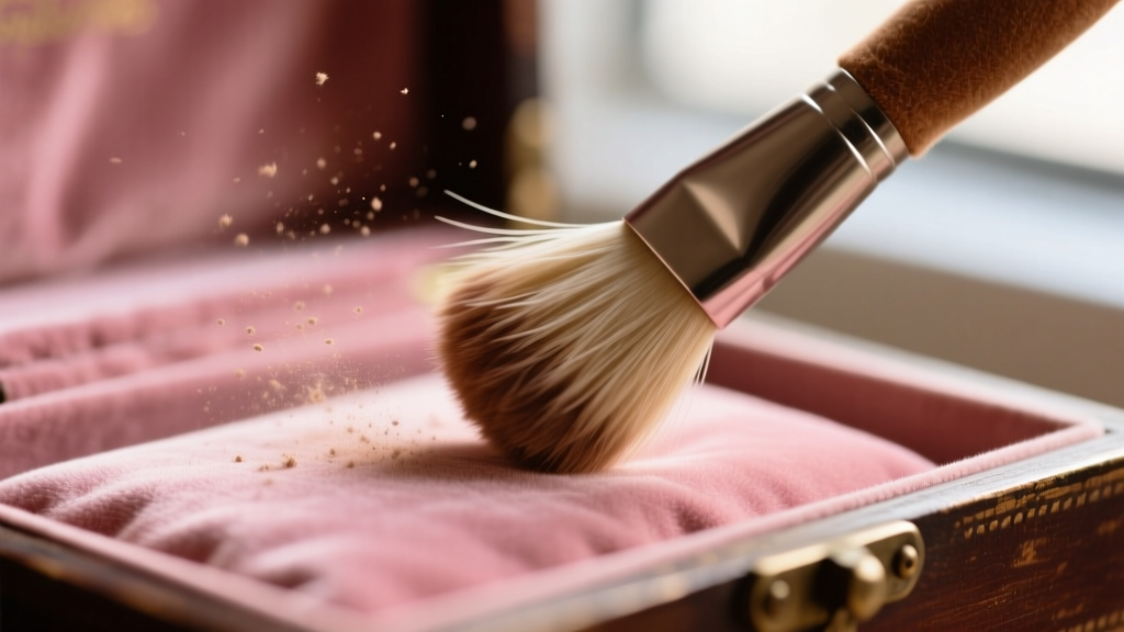 Macro shot of a suede brush gently cleaning dusty pink velvet lining inside a keepsake box, highlighting fabric texture and dust.