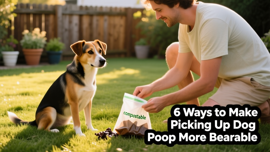 Backyard scene showing a tidy grassy area with a dog watching their person pick up waste using a biodegradable bag