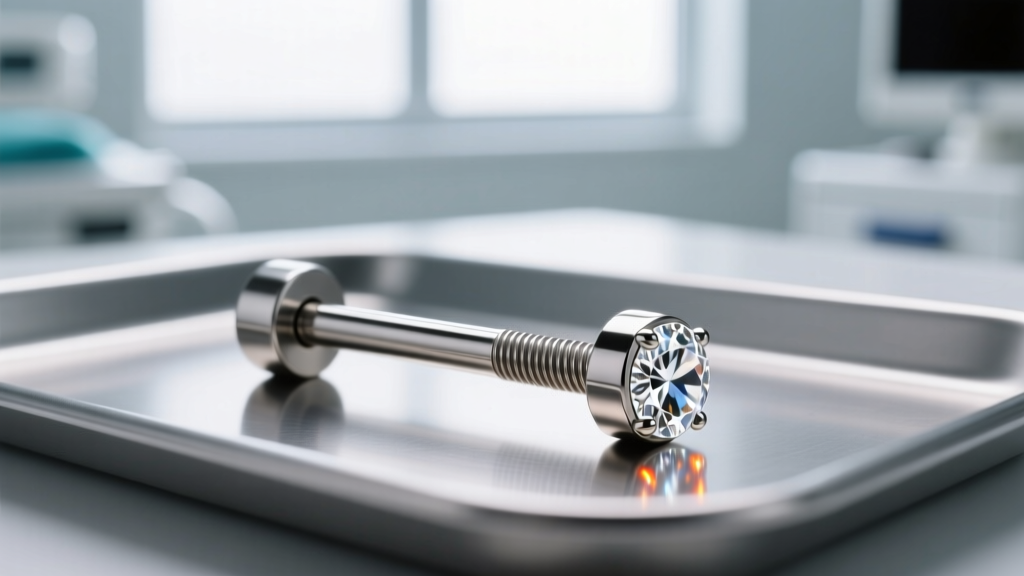 Close-up of an internally threaded 14-gauge implant-grade titanium L-bend barbell with a bezel-set diamond end on a sterile tray