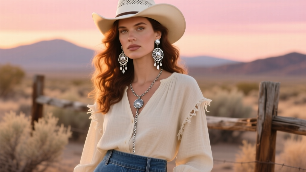 Close-up of a woman wearing ornate sterling silver cowboy hat dangle earrings, soft sunset lighting, western boho aesthetic.
